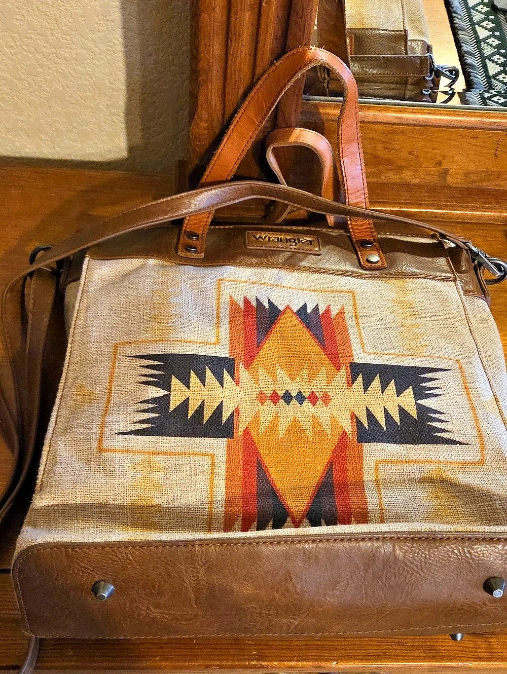 Wrangler Aztec Print Canvas Tote Bag in Brown & Beige